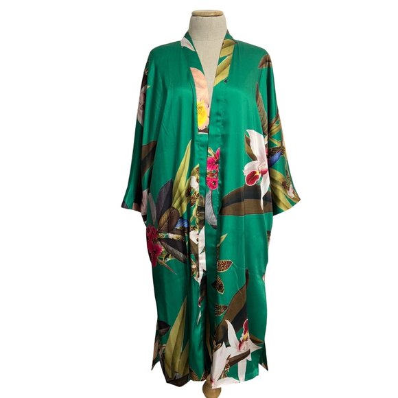 Chicos Tropical Emerald Floral Kimono Wrap L/XL Polyester Womens Lightweight Cov - Picture 12 of 13